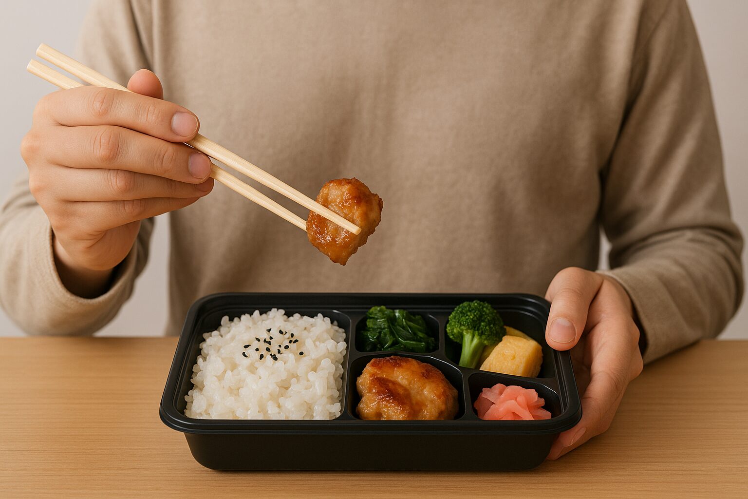 お弁当を割りばしでたべる